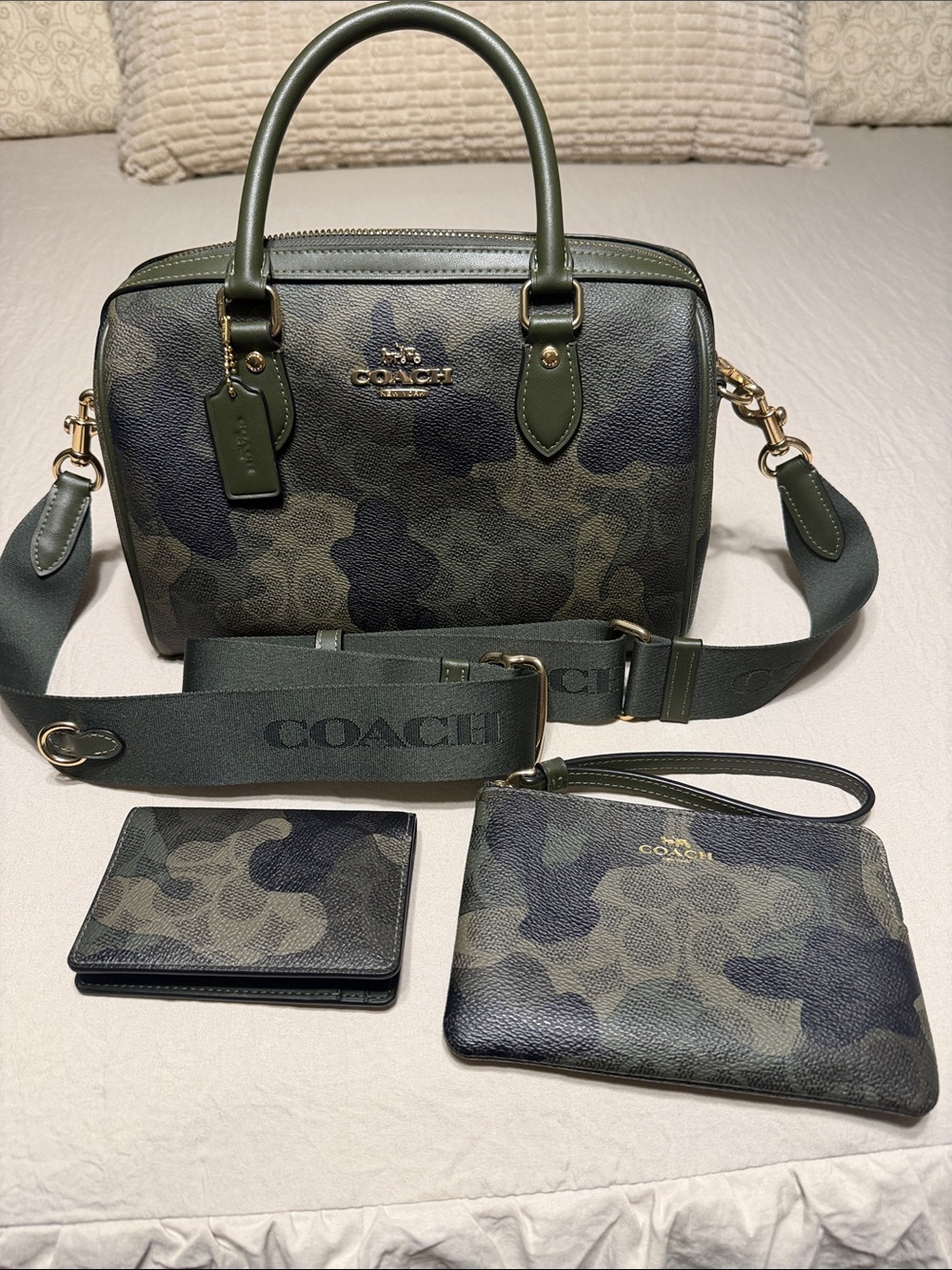 Coach Camo Rowan Satchel in Green and Black with card wallet and wristlet